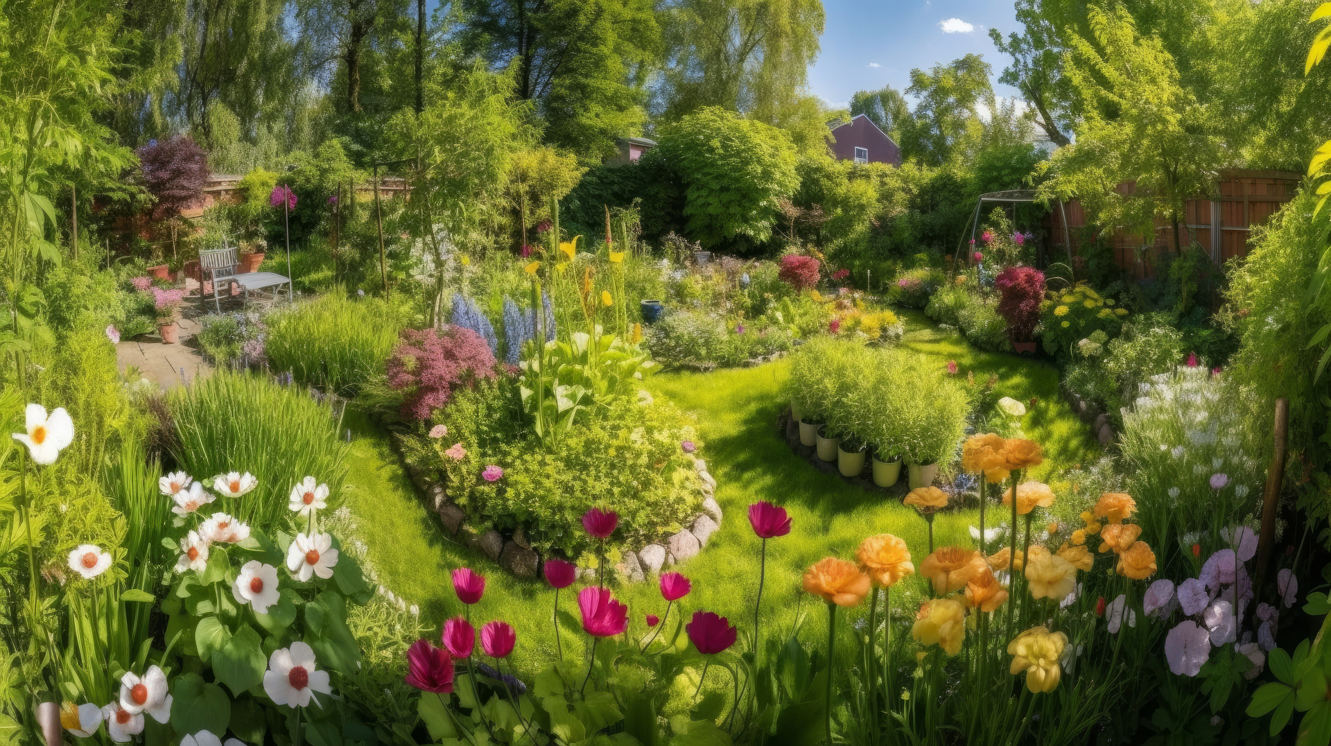 Na zdjęciu widać pięknie zaprojektowany ogród. Na pierwszym planie rozciąga się trawnik o intensywnie zielonym kolorze, starannie przycięty i równo zazieleniony. Wokół trawnika rozmieszczone są różnorodne rośliny ozdobne, takie jak kolorowe kwiaty