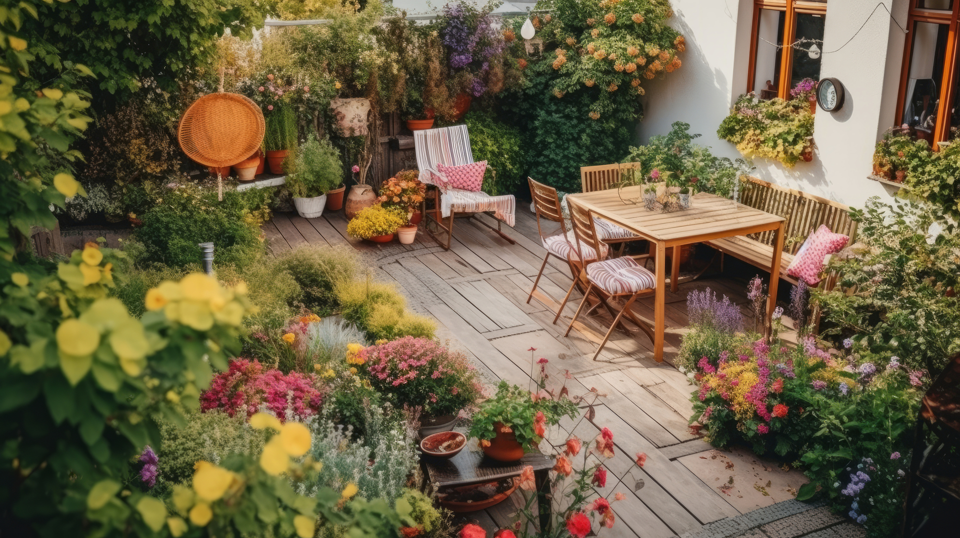 Urokliwy taras ogrodowy z wygodnymi meblami i pełnym kolorowych kwiatów, tworzący atmosferę relaksu i ucieczki od codzienności